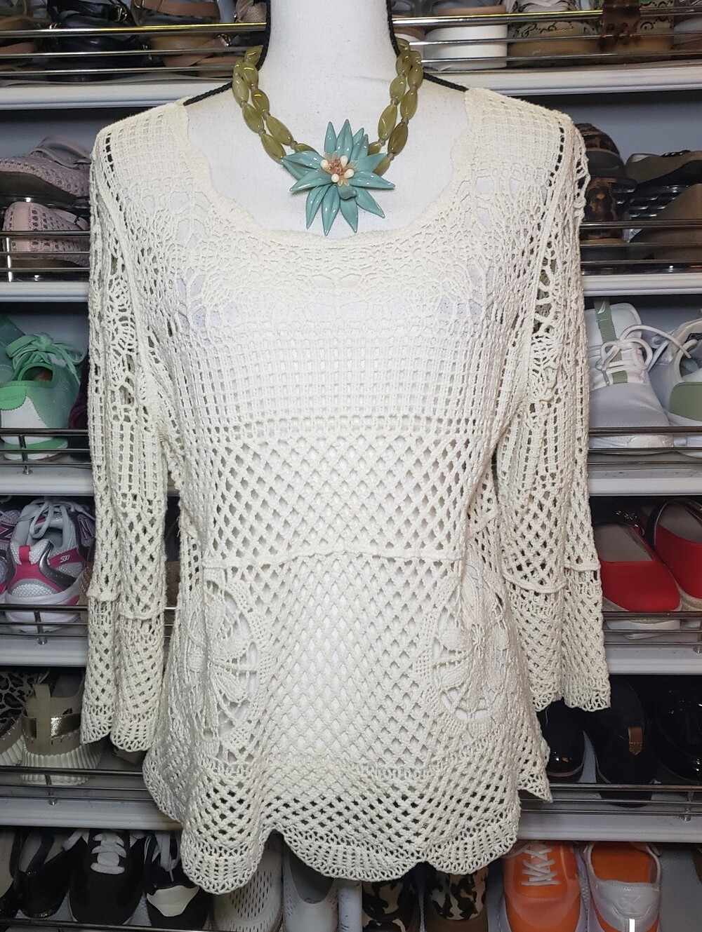 Ultra Pink Cream Crochet Bell Sleeve Top